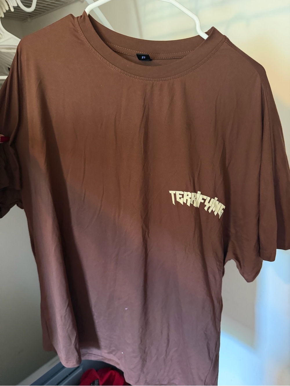 ROMWE Brown Short Sleeve Graphic Tee with "Terrifying" Logo